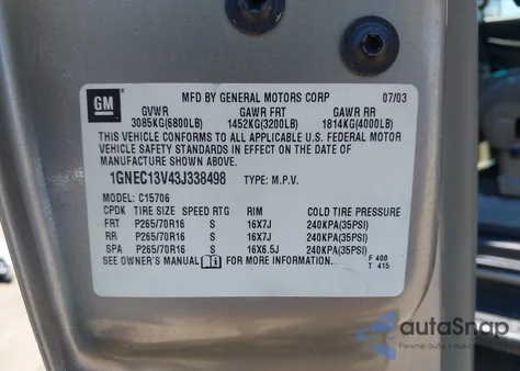 2003 Chevrolet Tahoe Ls z USA, uszkodzony, nr VIN 1GNEC13V43J338498